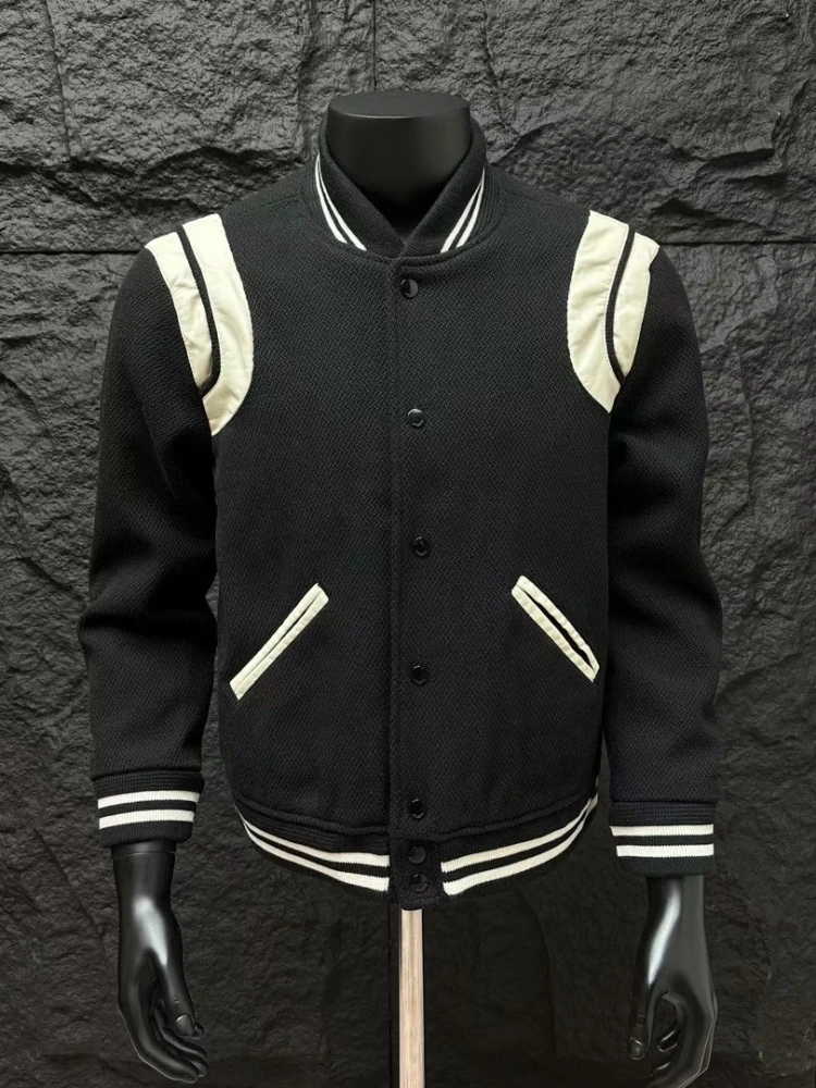 

Couple's SLP Sle Baseball Jaet Ins Woolen Tweed Genuine Leather Patchwork Coat Youth Trendy Long Sve Slim Fit Outerwear