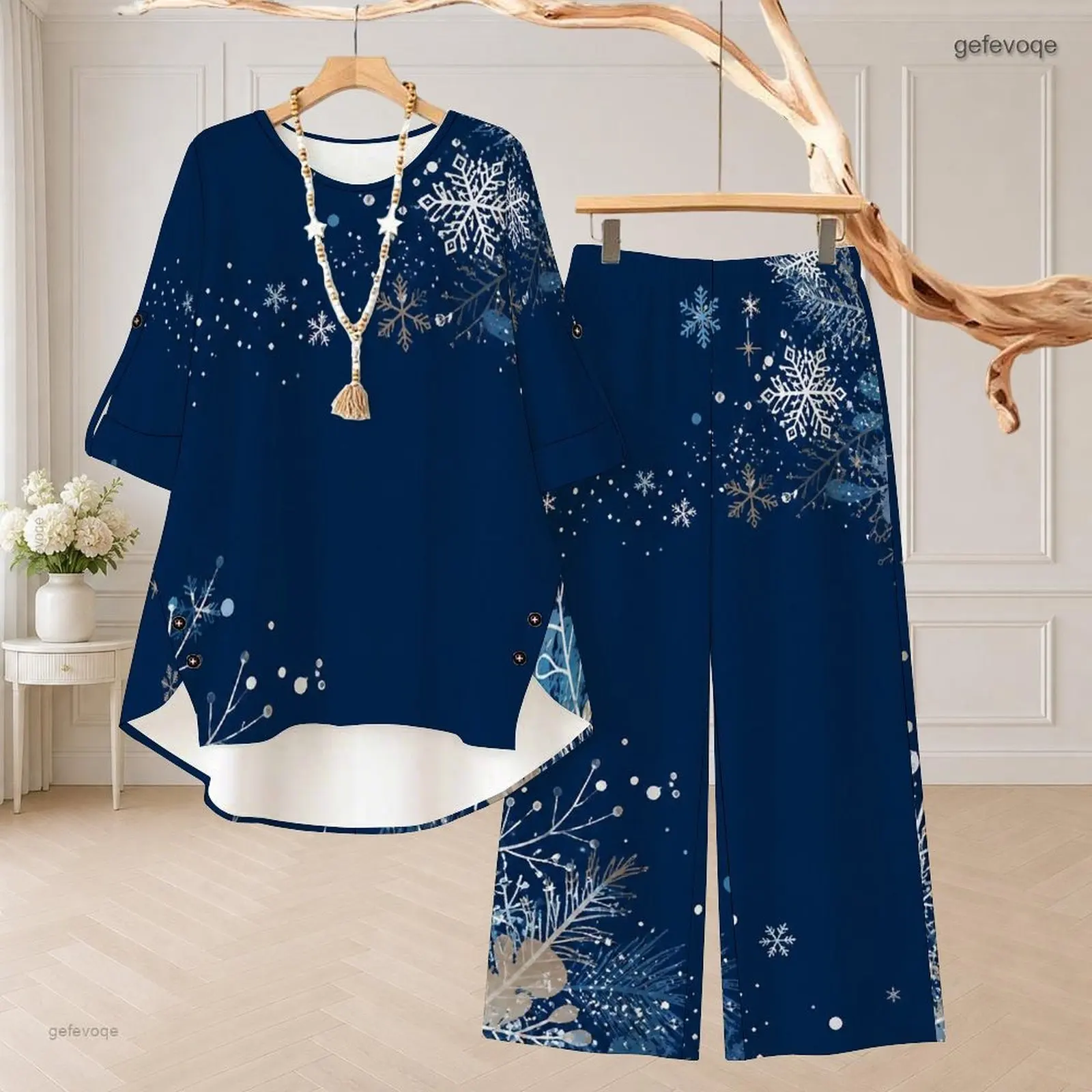 Women Navy Blue Snowflake Star Printed Round Neck 3/4 Sleeve Top Long Pants Two Piece Set