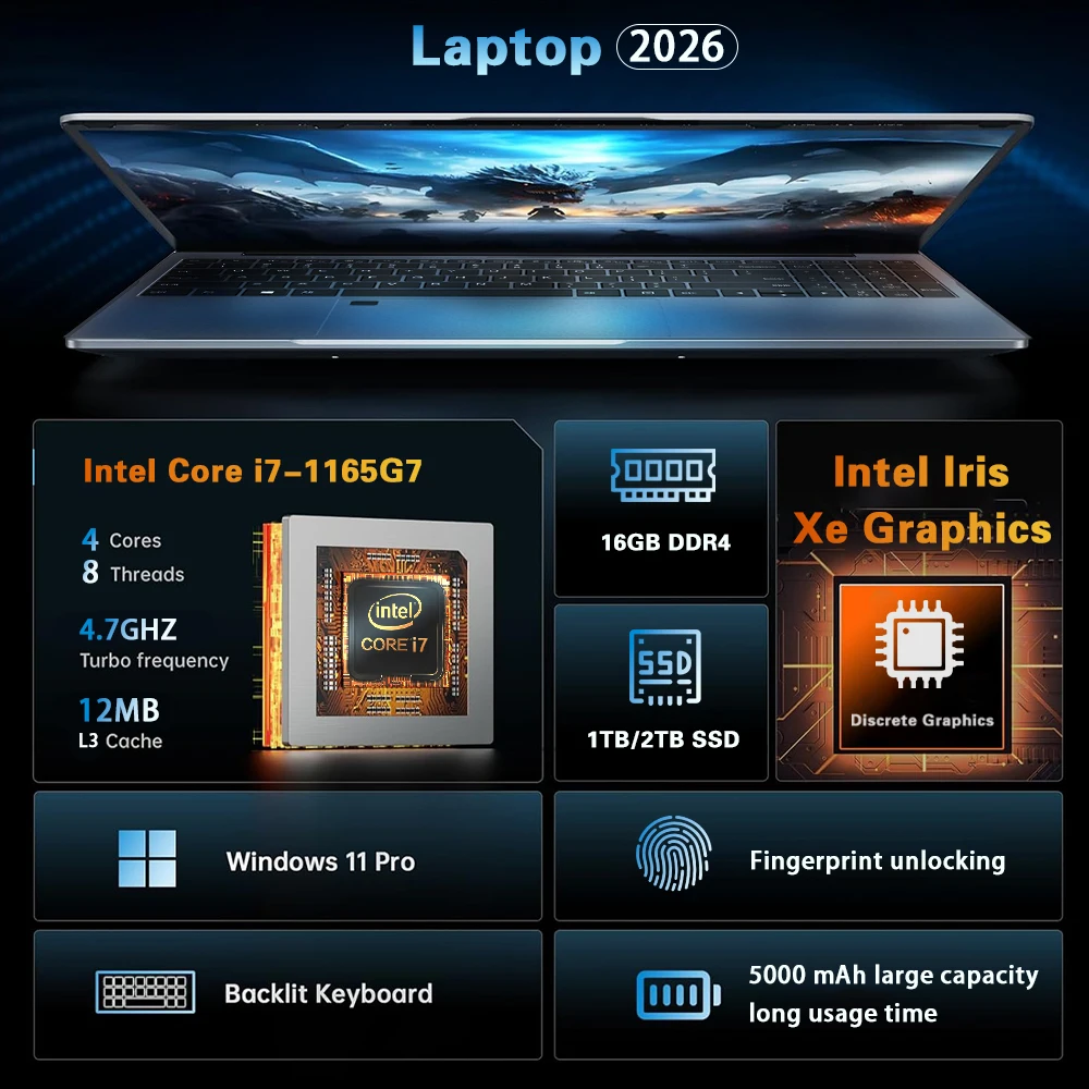 2026 Fingerprint Unlock 15.6' Intel Core I7-1165G7 Computer Windows 11 Pro 16GB DDR4 1TB SSD Notebook PC Portable Laptops Gaming