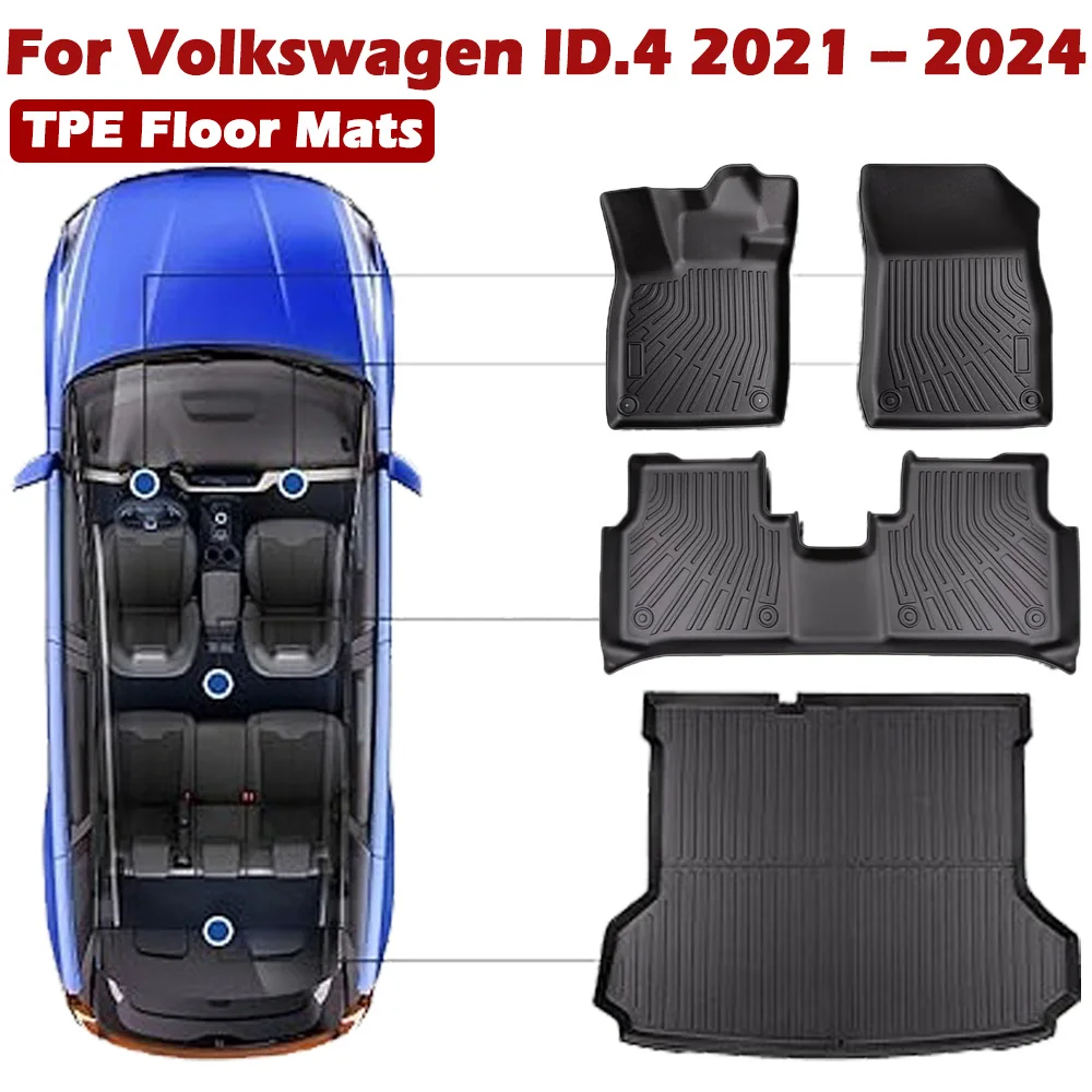 For Volkswagen ID.4 2024 2023 2022 2021 TPE Floor Mats,All-weather Protection Set Dustproof Waterproof Rear Trunk Mat