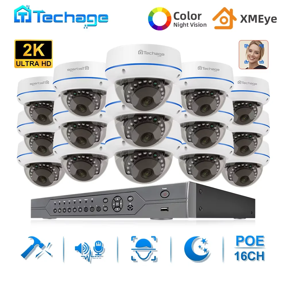 Techage 16CH HD 5MP 2.8mm Dome POE Security Camera Kit Face Detect Indoor Waterproof NVR IP Camera CCTV Surveillance System P2P