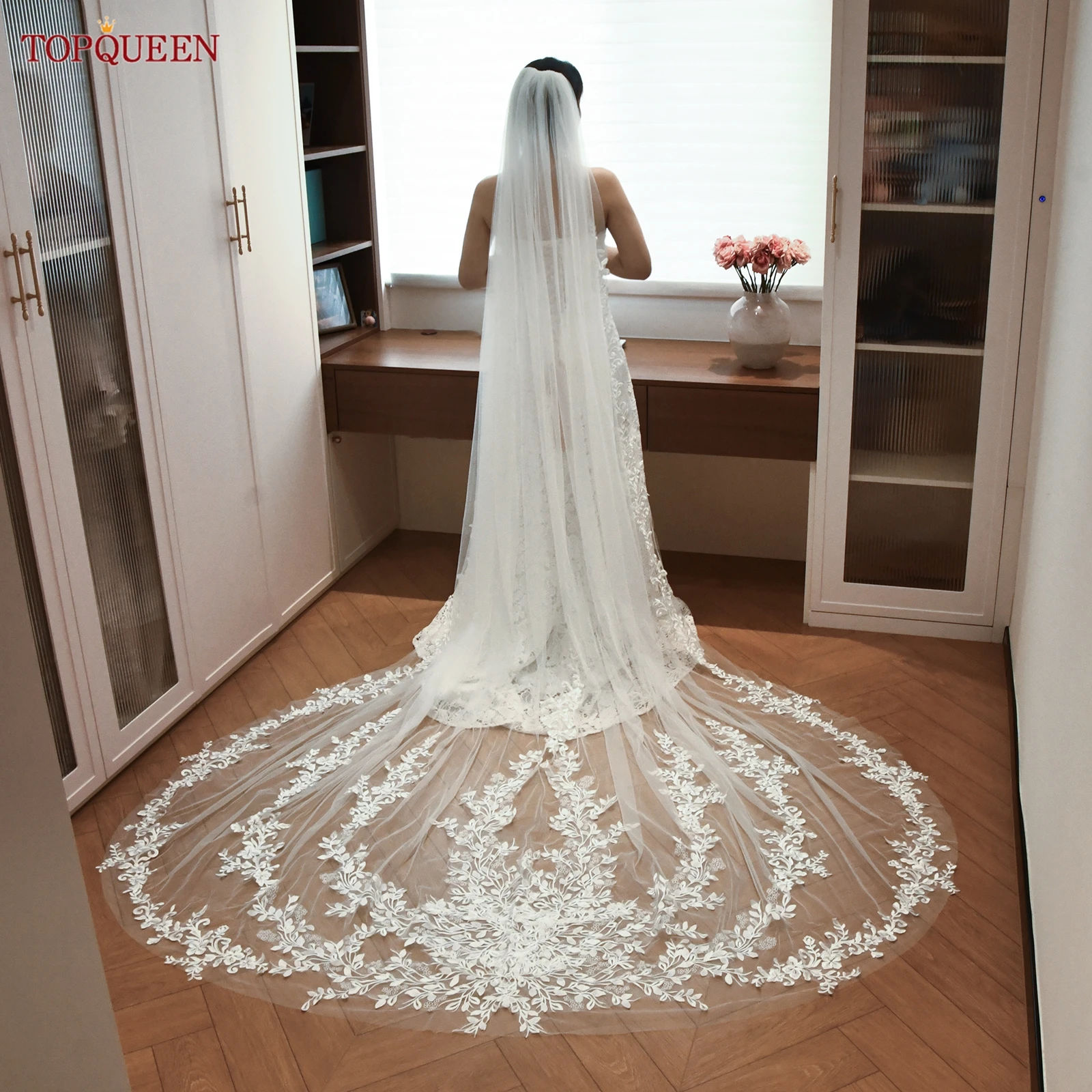 

TOPQUEEN V222 High Quality Lace Wedding Veil 3m Cathedral White Bridal Lace Veil Wedding Accessories With Comb Customizable