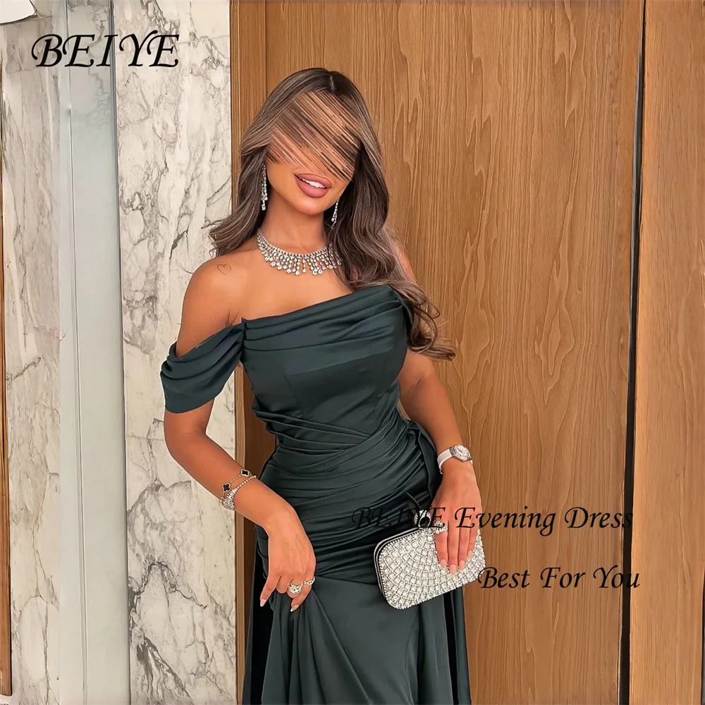 BEIYE – robe de soirée fourreau en Satin vert, charmante, épaules dénudées, sans bretelles, plissée, personnalisée