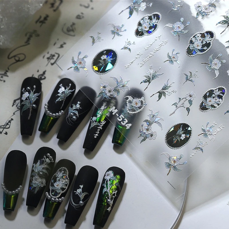 

Shiny Polarized Lily Camellia Flowers Bead Chain Ancient Poetry 3D Self Adhesive Nail Art Stickers Chinese Style Manicure Decals