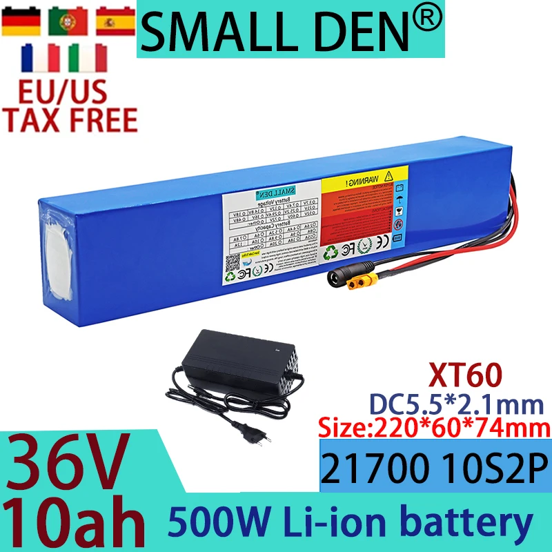 New 36V 10Ah 21700 10S2P A-class lithium battery pack, 500W high power suitable for various energy storage backup+2A chargers