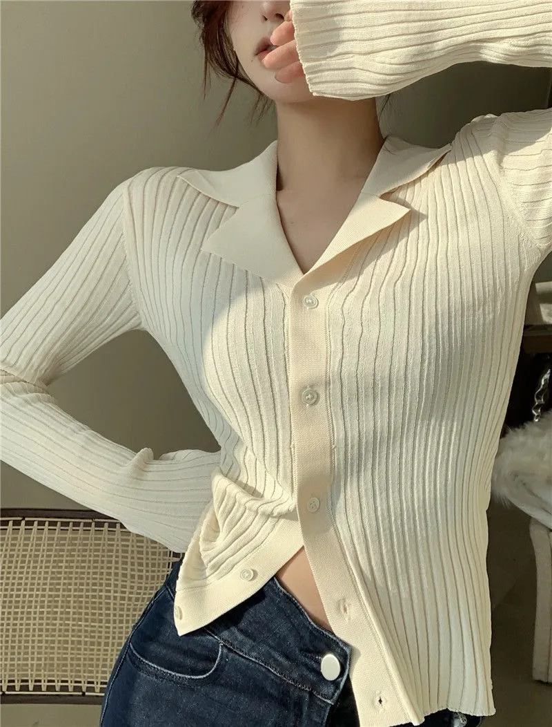 Knit V Neck Cardigan Women Korean Fashion Long Sleeve Sweater Cardigans Y2k Single Breasted Slim Fit Streetwear Mujer Pull Femme