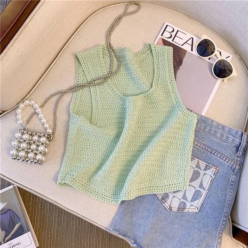 

Текстурированный ажурный вязаный жилет или женский топ: модная верхняя одежда, стильный, с высокой талией, прямого кроя, весна-лето, тонкий