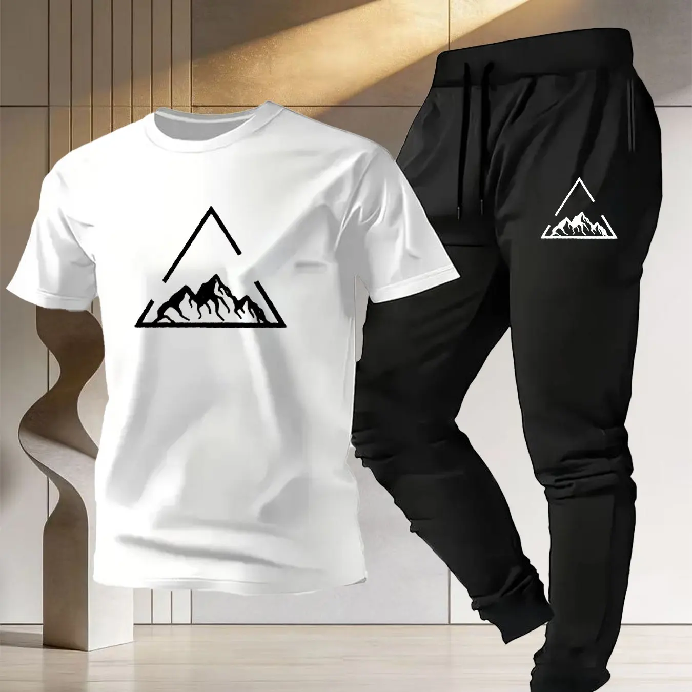 

2026 New Men's Sweat-Resistant Casual Sports Suit - Pure Cotton Short-Sleeved Top with Long Pants and Printed Set