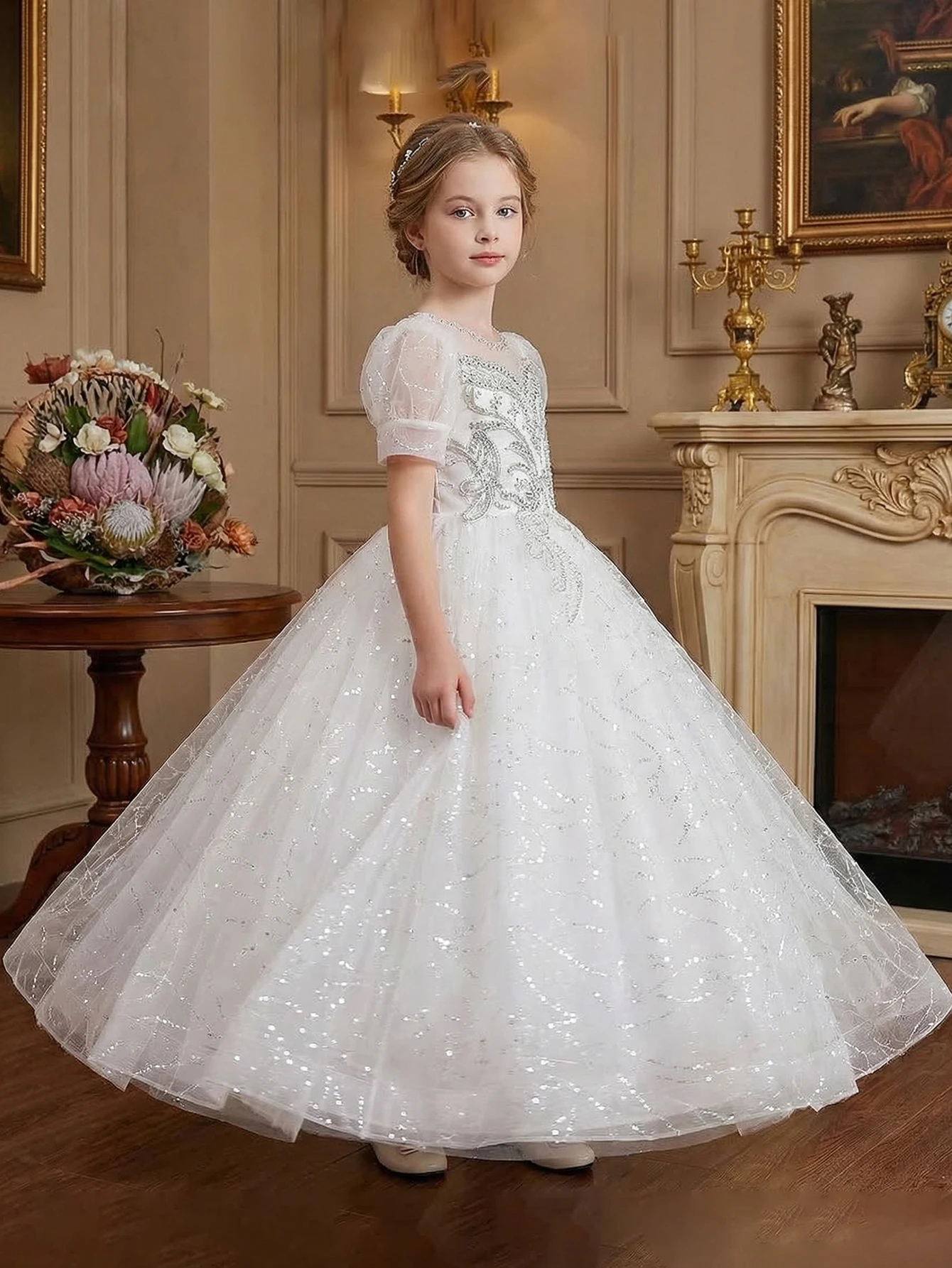 Tween Girl Sequin Embroidered Evening Gown with Round Neckline, Pearl Decorations, Sequined Net Fabric, Daily Outings,Gatherings