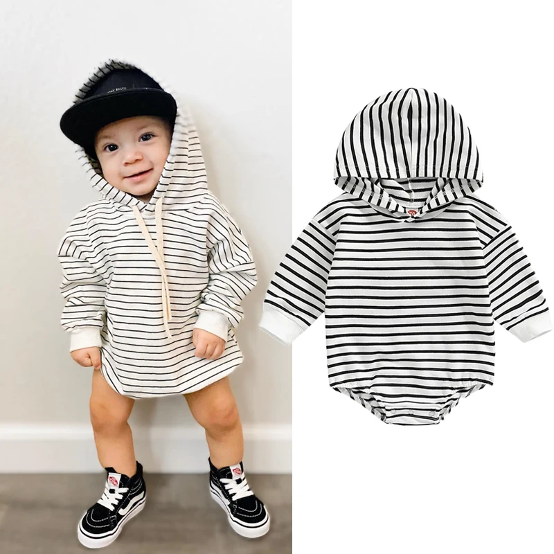 

New 0-18M Baby Boys Autumn Casual Jumpsuits Striped Print Long Sleeve Hooded Romper Outwear Clothing Fashion Skin Friendly