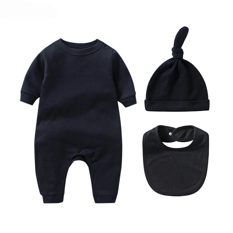 Newborn Infant Boys Clothing 100% Cotton Solid Color Long Sleeve Jumpsuit Bib Cap Three-Piece Set 0-12 Months Baby Girls Suit