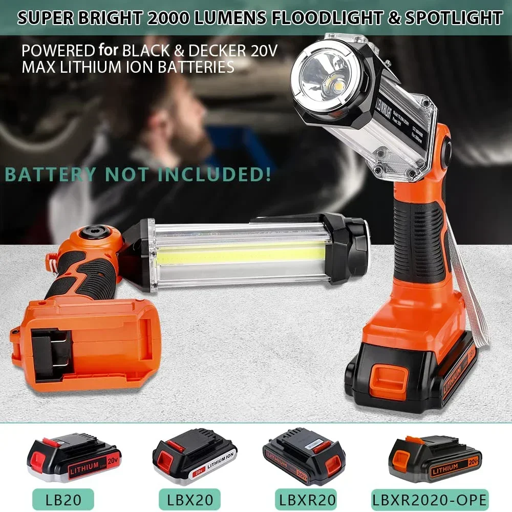 Luz LED de trabajo, linterna para exteriores, luz portátil para acampar, batería recargable para Black & Decker, batería de iones de litio de 20V con gancho