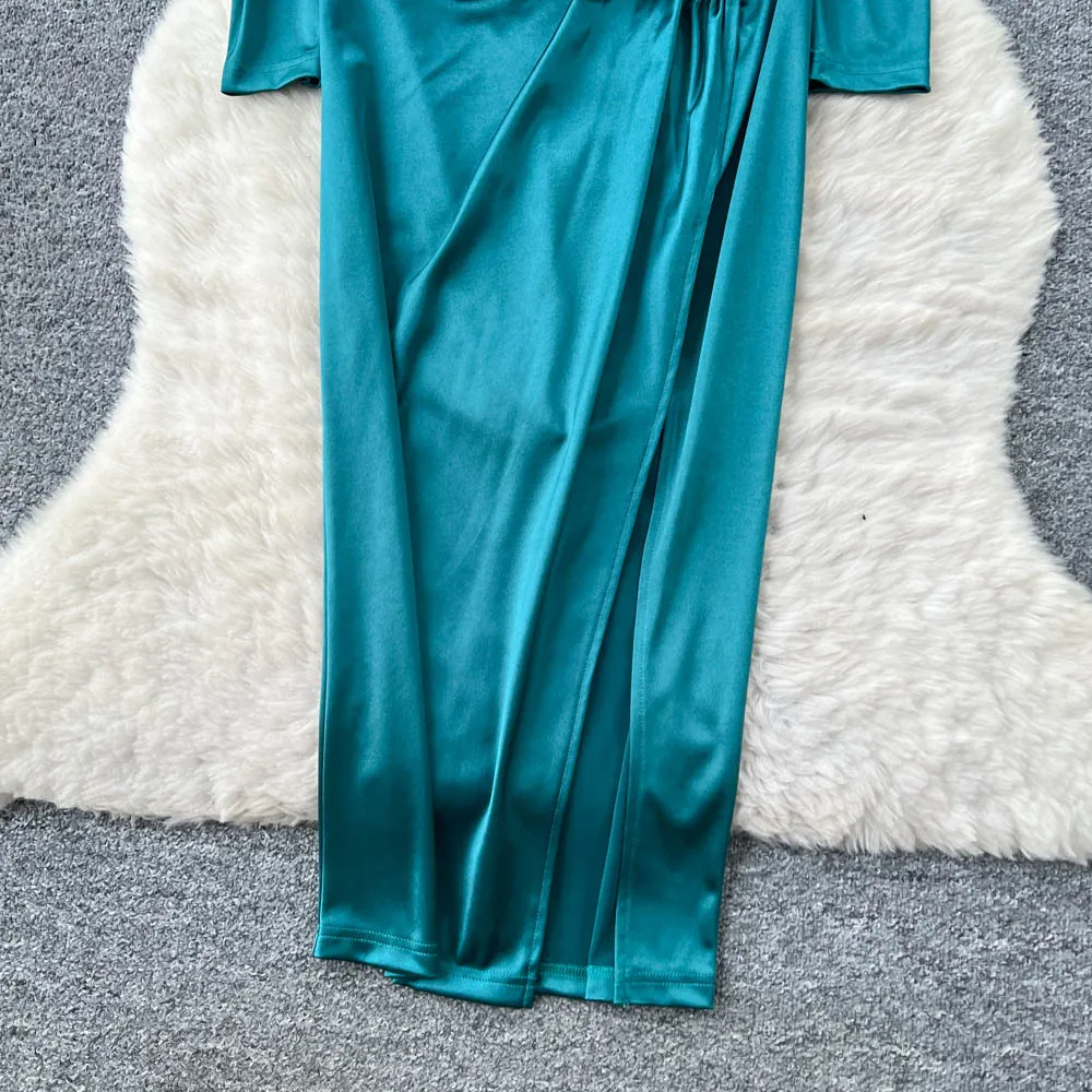 Vintage manga longa cetim com decote em v elegante cerimônia de fadas vestidos hotsweet roupas femininas vestido lápis