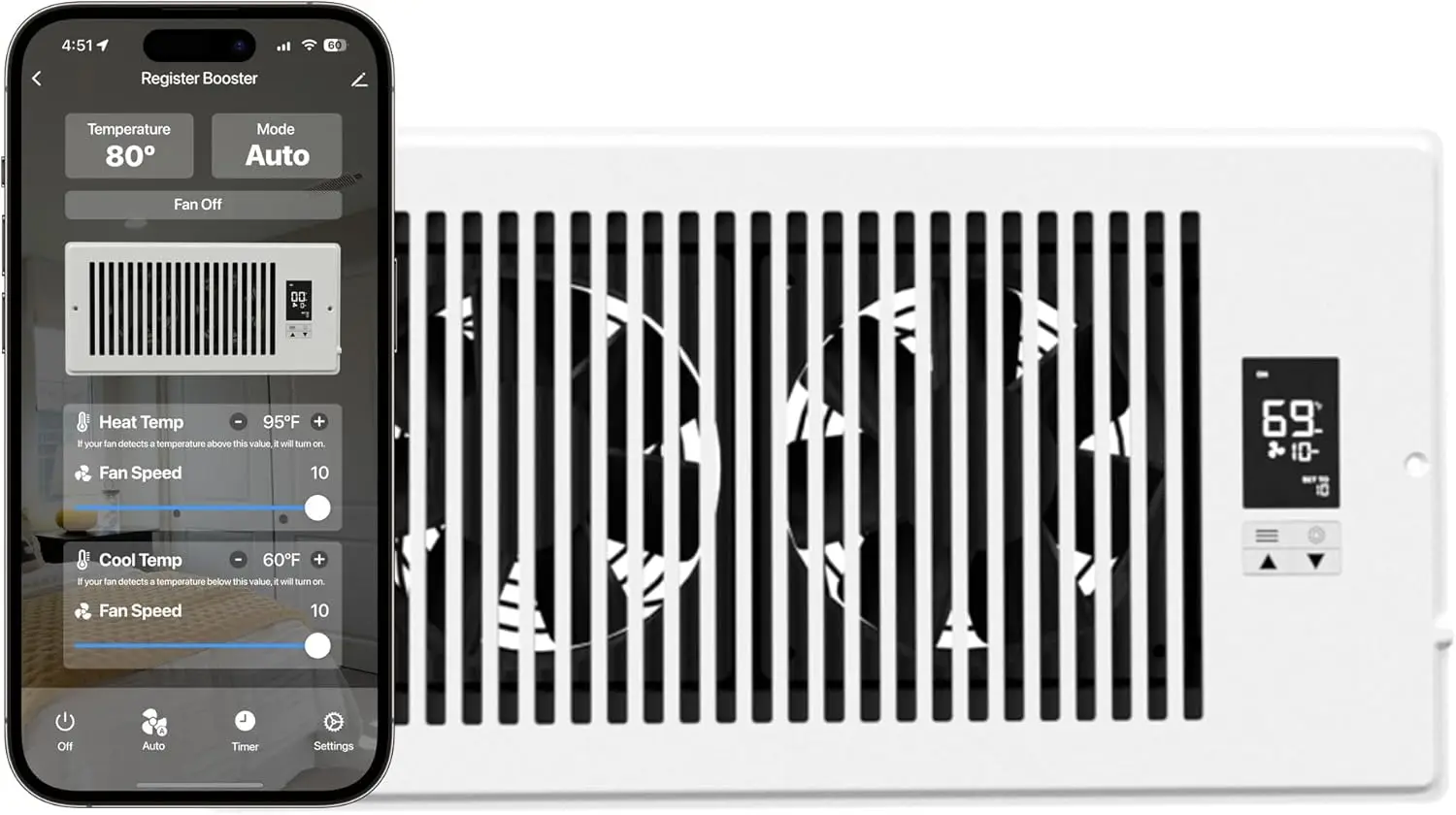 

Register Booster Fan for 6" x 12" Registers - Smart App Control - Quiet Vent Fan with Auto Thermostat - 10 Speeds