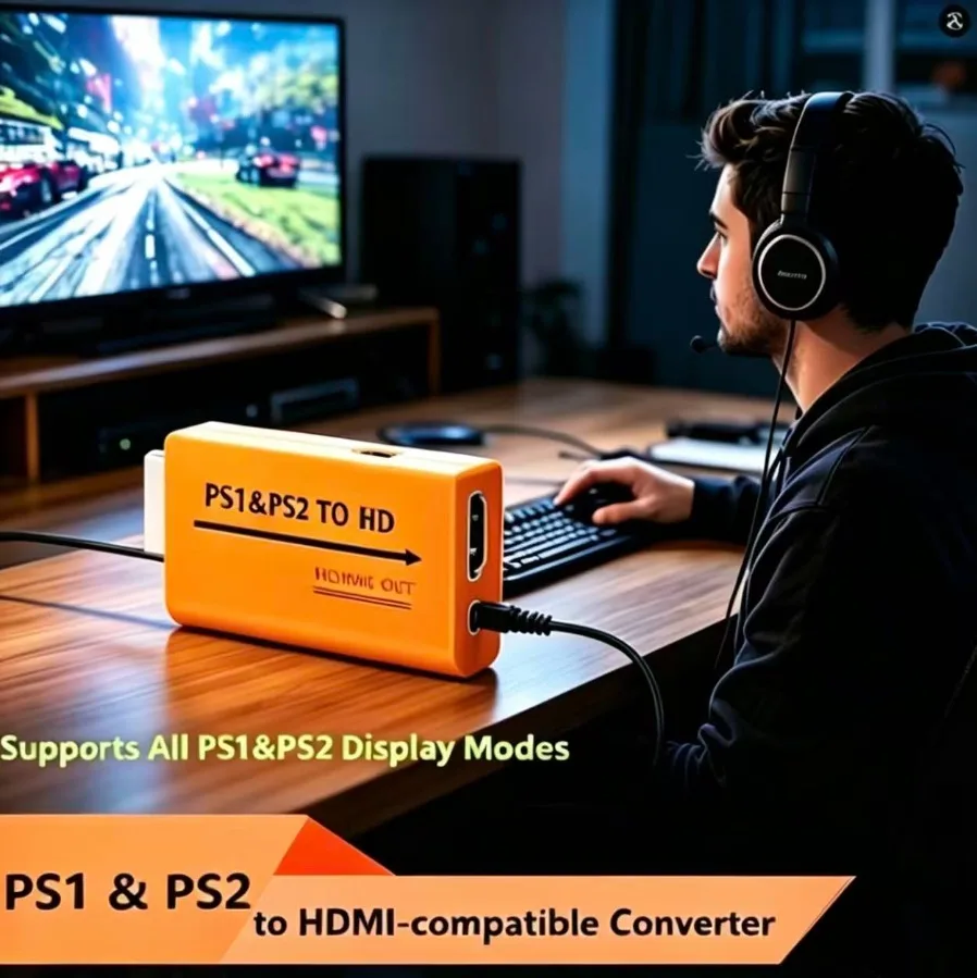 PS1 PS2 to HDMI-compatible Converter 1080P 3.5mm Audio Jack Plug and Play for HDTV Monitor Projector Driver Free Gaming Adapter