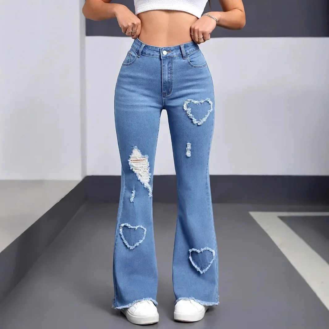 

Denim Flared Pants Women Hole Jeans Boot Cut Distressed Streetwear High Waist Stretch Washed Vintage Full Length Trousers