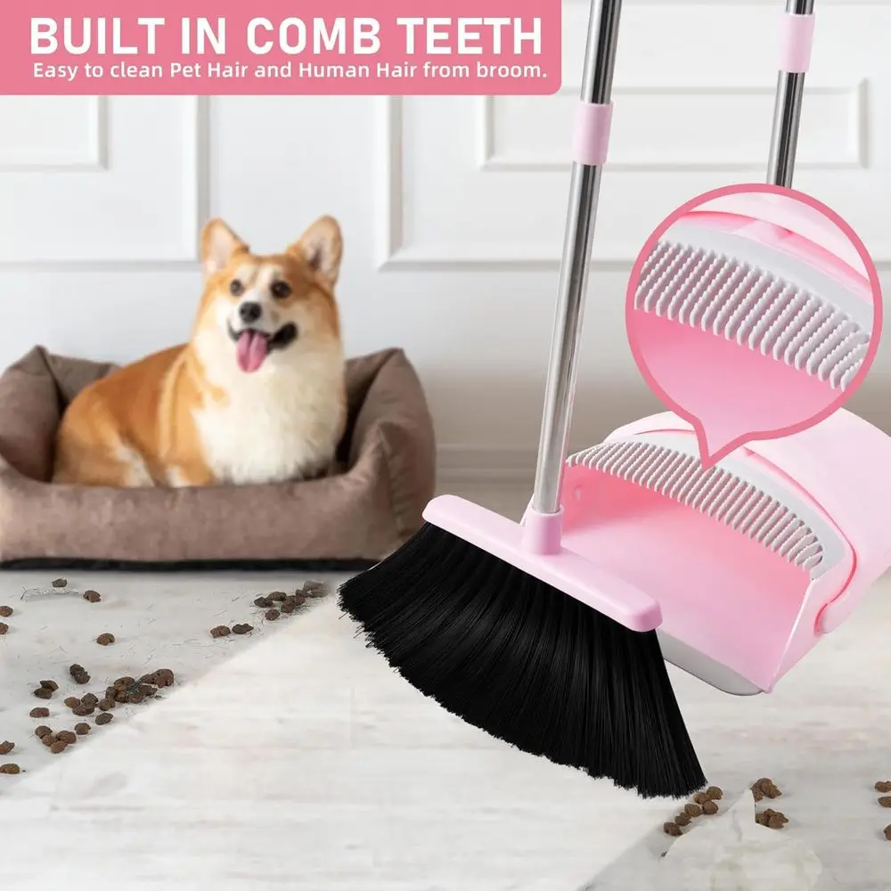 Long Handle Broom and Dustpan Set with Teeth for Scraping Pet Hair, Suitable for Indoor and Outdoor Use, Pink