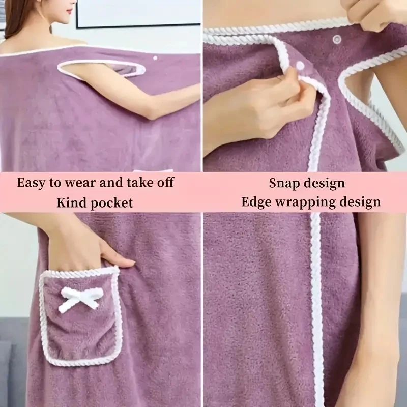 1pc Wearable Bath Towel, Cute Bow Soft Shower Skirt For Women,. Adjustable Bath Robe With Pocket For Home And Travel