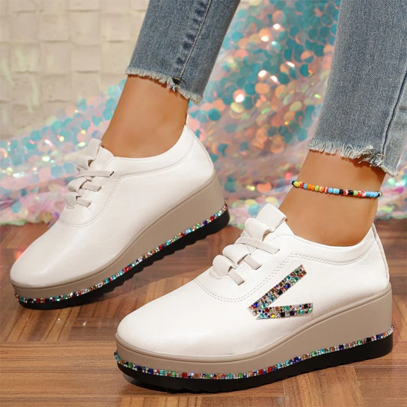 

Colorful Crystal Wedges Sneakers Women Spring Autumn New Comfort Mid Heel Casual Shoes for Woman Light Lace Up Vulcanize Shoes