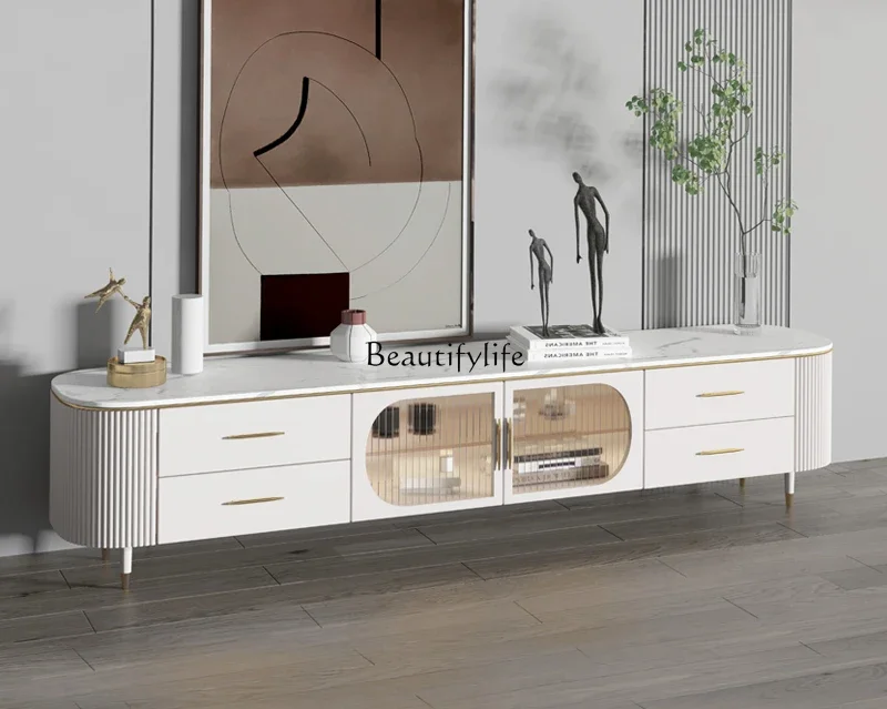

yj5Stone Plate White TV Cabinet Solid Wood Small Apartment Modern Minimalist Living Room Bedroom Light Luxury Coffee Table