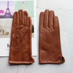 Summer Driving Women's Sheepskin Leather Gloves With Thin Silk Lining Sun Protection and Anti Slip Motorcycle Riding Gloves