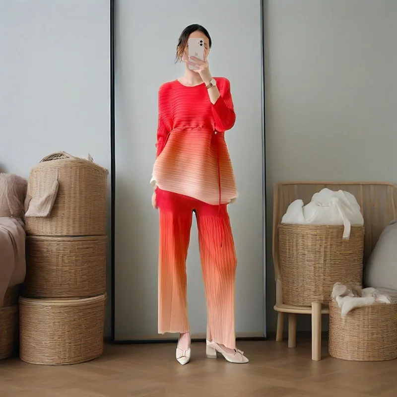 

Miyake Pleated Pants Set 2025 Summer Round Neck Gradient Drawstring Irregular Top+wide Leg Pants 2-piece Suit Women's Pleated