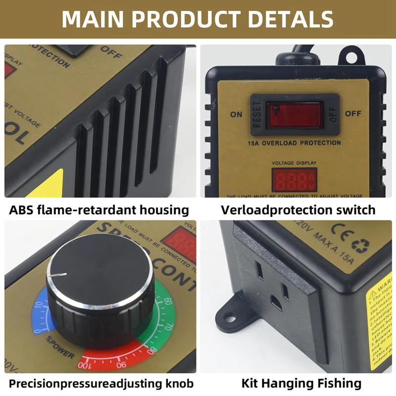 AC Motor Speed Controller - Adjustable 100V-120V & 15A Max, Electric Fan Variable Speed Regulator, Easy To Use US Plug