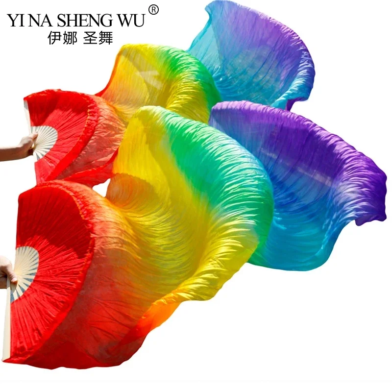 リアルシルク/模造シルク手作り染めダンスファン竹リブシルクベリーダンスファン 1 個左手 + 右手ダンスファン 5 サイズ