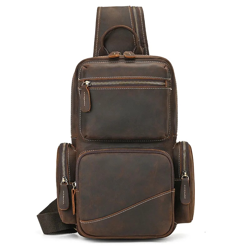 Water-Resistant Outdoor Chest Pack for Men Genuine Crazy Horse Leather Vintage Crossbody Sling Zipper Pockets Shoulder Bag