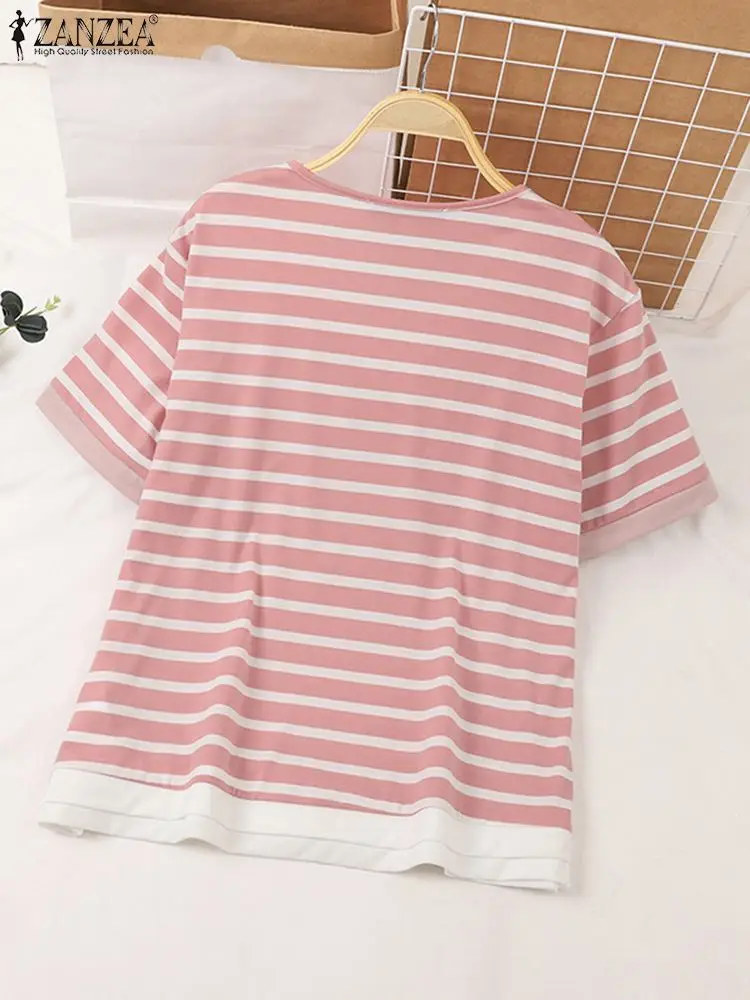 ZANZEA Holiday Summer Short Sleeve T-shirt Women Casual Plaid Tees Fashion Korean V-neck Knitted Tops Vintage Simple Basic Tunic