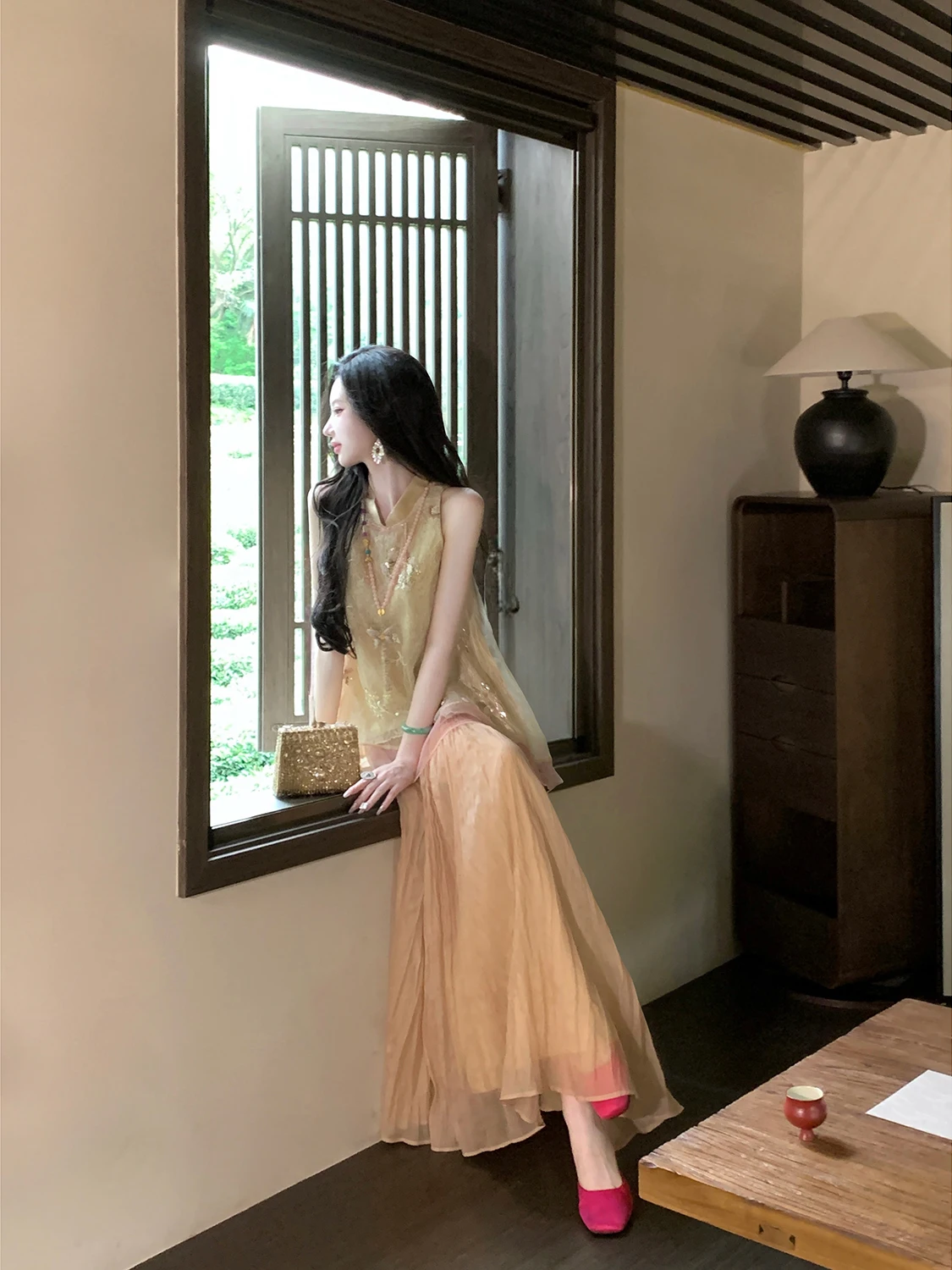Syqiao Long Fairy Skirt Summer Wave Pattern Gathered Mesh Gown Women's mid Waist Polyester Fiber A-Line Skirt High Waist
