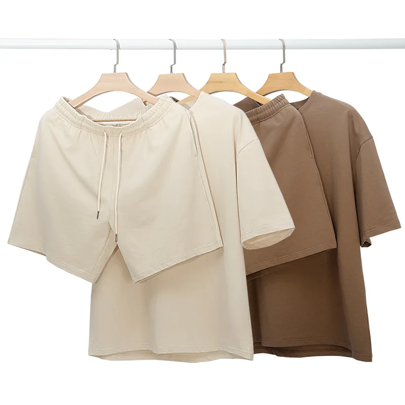 heavyweight-premium-casual-men's-cotton-t-shirt-shorts-2-piece-set-summer-comfortable-breathable-fashionable-couple-outfit