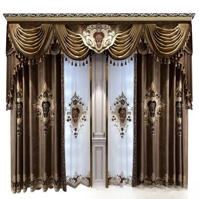 

European-style villa, duplex high-end flannel embroidered luxury curtains