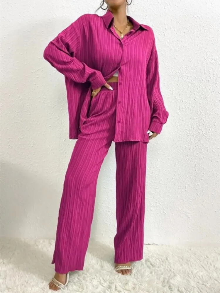 

2025 New Women's Shirt Collar Loose Cardigan Casual Long Sleeve Suit Fashionable Solid Color Long Sleeve Trousers Two-piece Suit