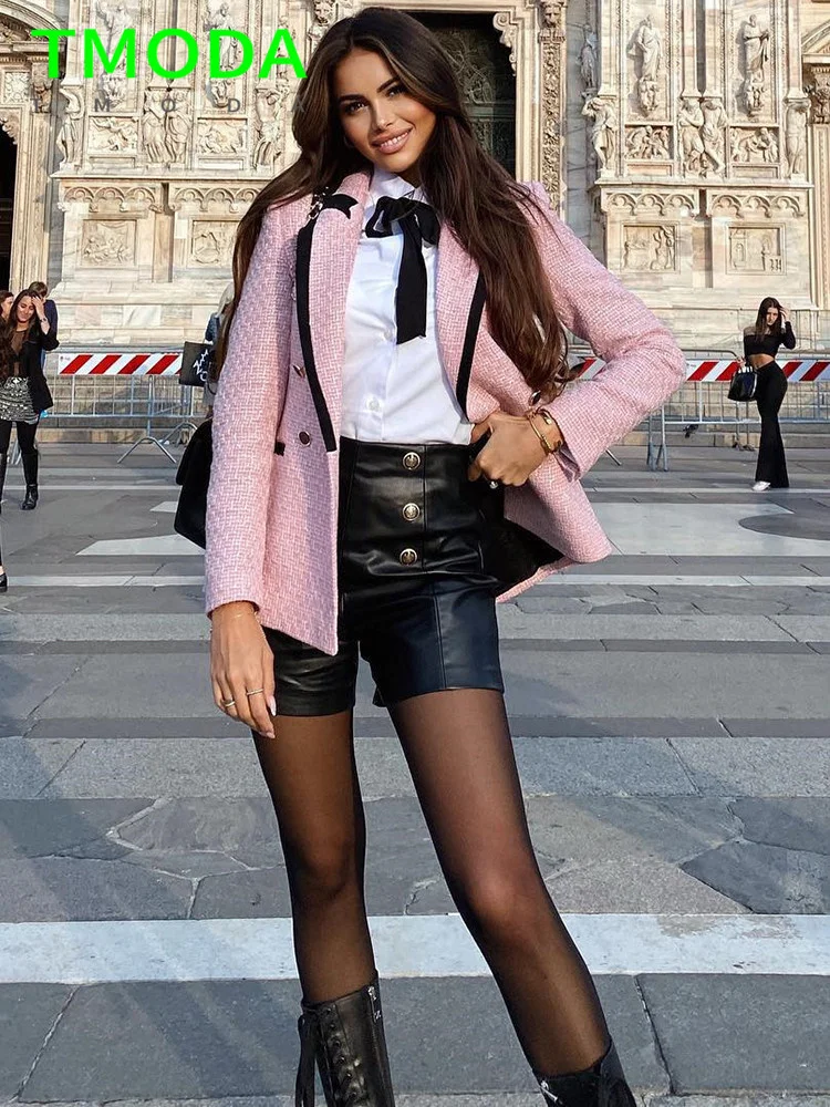 T MODA Women Elegant Pink Texture Double Breasted Tweed Blazer Long Sleeve Pockets Coats Female Fashion Streetwear Tops