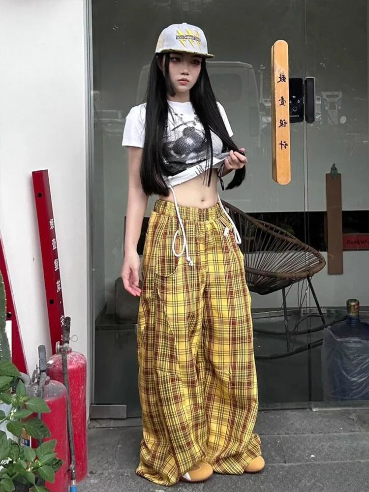 

Американские ретро-брюки в желтую клетку, свободные джинсы с широкими штанинами, повседневные брюки свободного кроя для пар, в стиле Lazy Sle