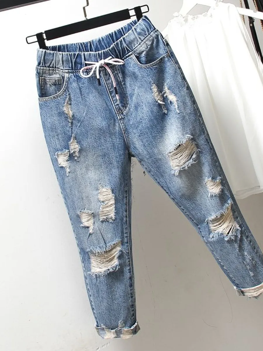spring-2026-plus-size-women's-denim-jeans-high-waist-hole-design-slimming-effect-nine-point-pants-summer-fashion-plus-size