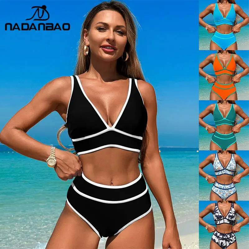 

NADANBAO Sexy V-Neck Bikini Sets Swimsuit for Women High Waist Swimwear Swimming Two Pieces Bathing Suit Beachwear Bikini Suit