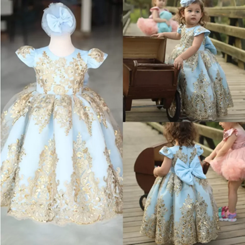 Abiti da ragazza di fiori blu cielo chiaro abiti da sposa per bambina con fiocco di paillettes Appliqued in pizzo abiti da compleanno per spettacolo di comunione