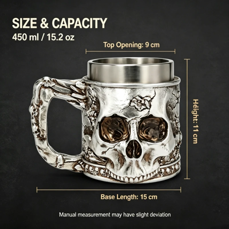 Vintage Crack Texture Skull Resin Mug Stainless Steel Liner Bone Skeleton Handle Gothic Dark Bar Drinkware Punk Style Holiday