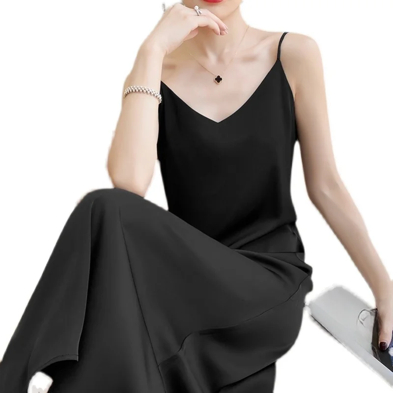 엘레 블라 실크 스트랩 드레스 여성 여름 신상 실크 네임 레이디 롱 실크 새틴 V넥 A라인 드레스 한국 스타일
