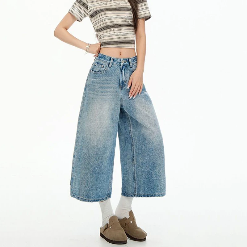 Korean Fashion Wide Leg Eight Point Jeans Women Harajuku Streetwear High Waist Denim Pants Woman Baggy Straight Trousers Female