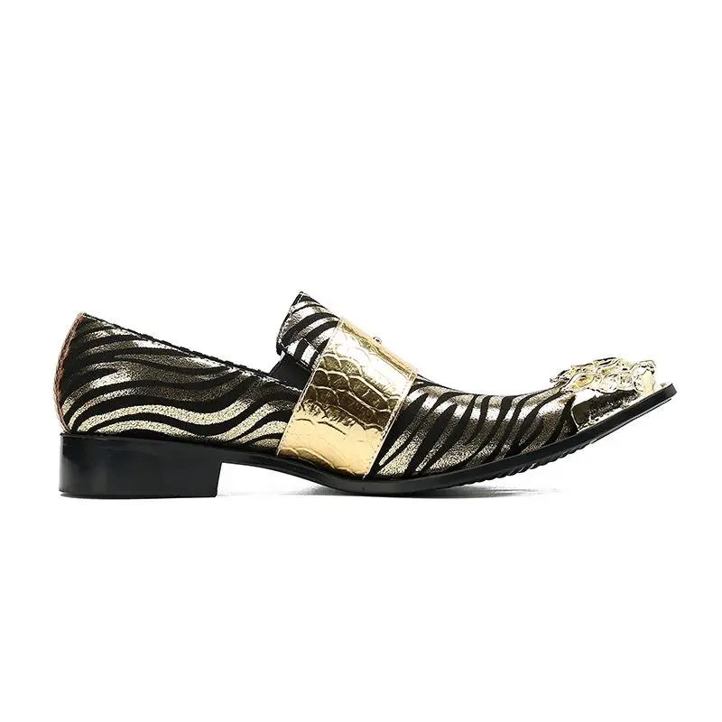 Luxury Fashion Metal Pointed Toe Men Shoes Casual Party Print Leather Shoes Trendy Mens Wedding Dress Shoes Size 37--46
