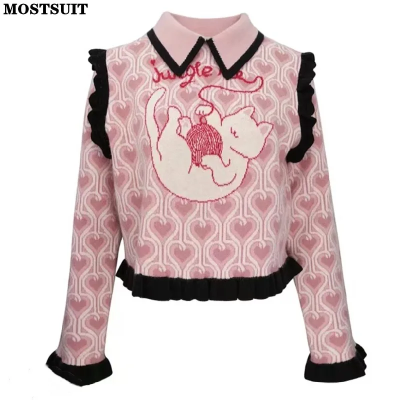 

Pink Jacquard Knit Sweater Jumpers Women Stylish Elegant Chic Fashion Pullover Tops Ruffles Sleeve Embroidery Ladies Knitwear