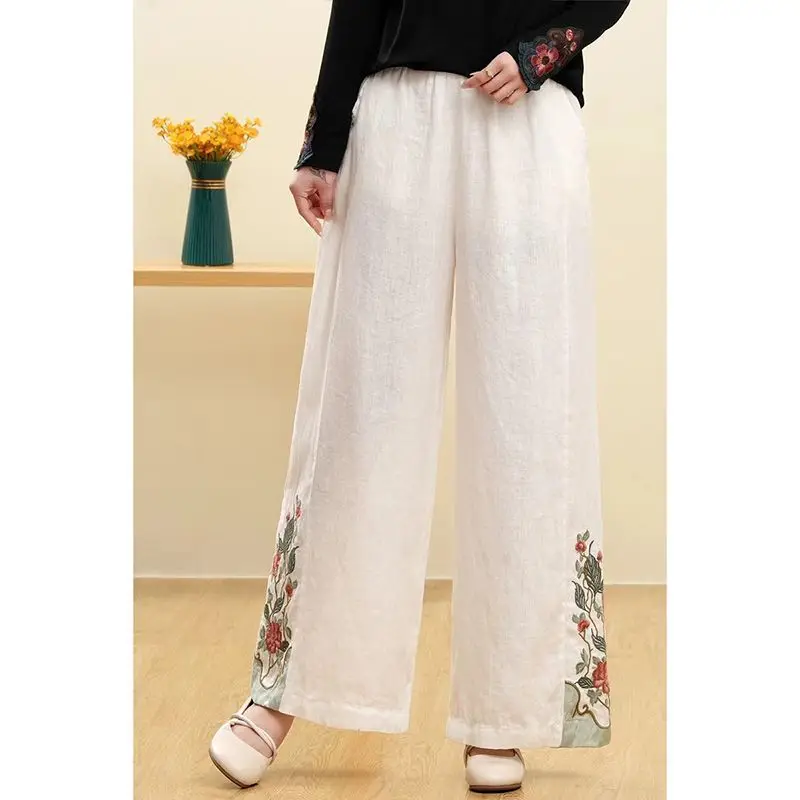 

2024 Summer New Cotton Linen Vintage Folk Tribal Embroidered Elastic High-waisted Wide Leg Straight Loose Women's Casual Pants