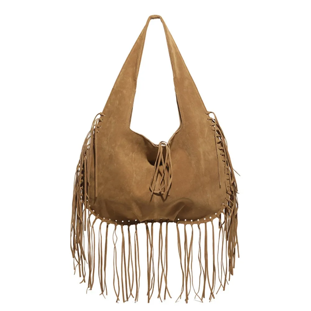 

Fashion Korean Style Tassel Shoulder Bag Solid Color Tote Bag Suede Handbag Large Capacity Ethnic Style Underarm Packs Women