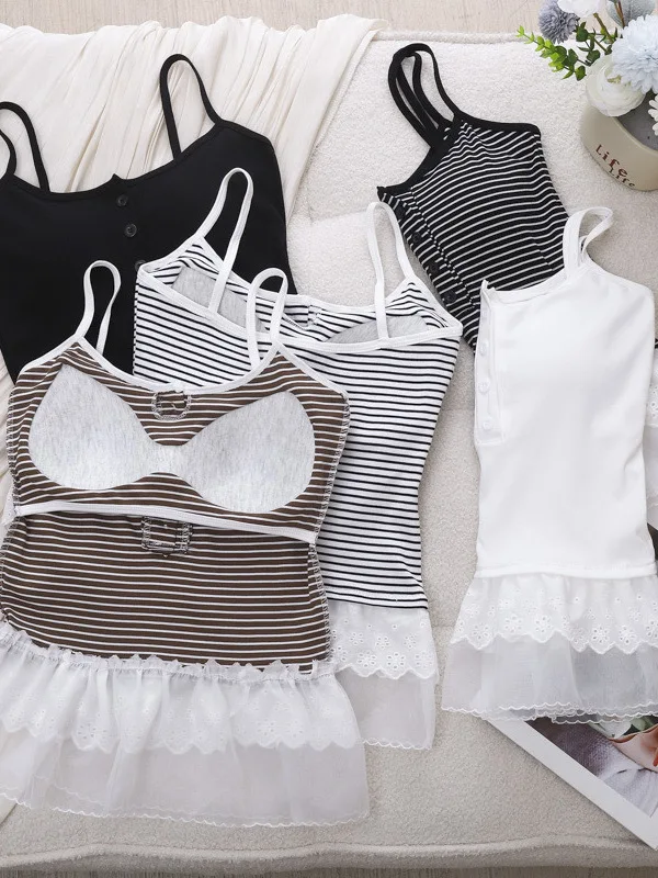 Slim Fit Lace Crop Top Women's Vest with Fixed Chest Pad Inner Wear Outer Wear Striped Button Detailing round Neck Design