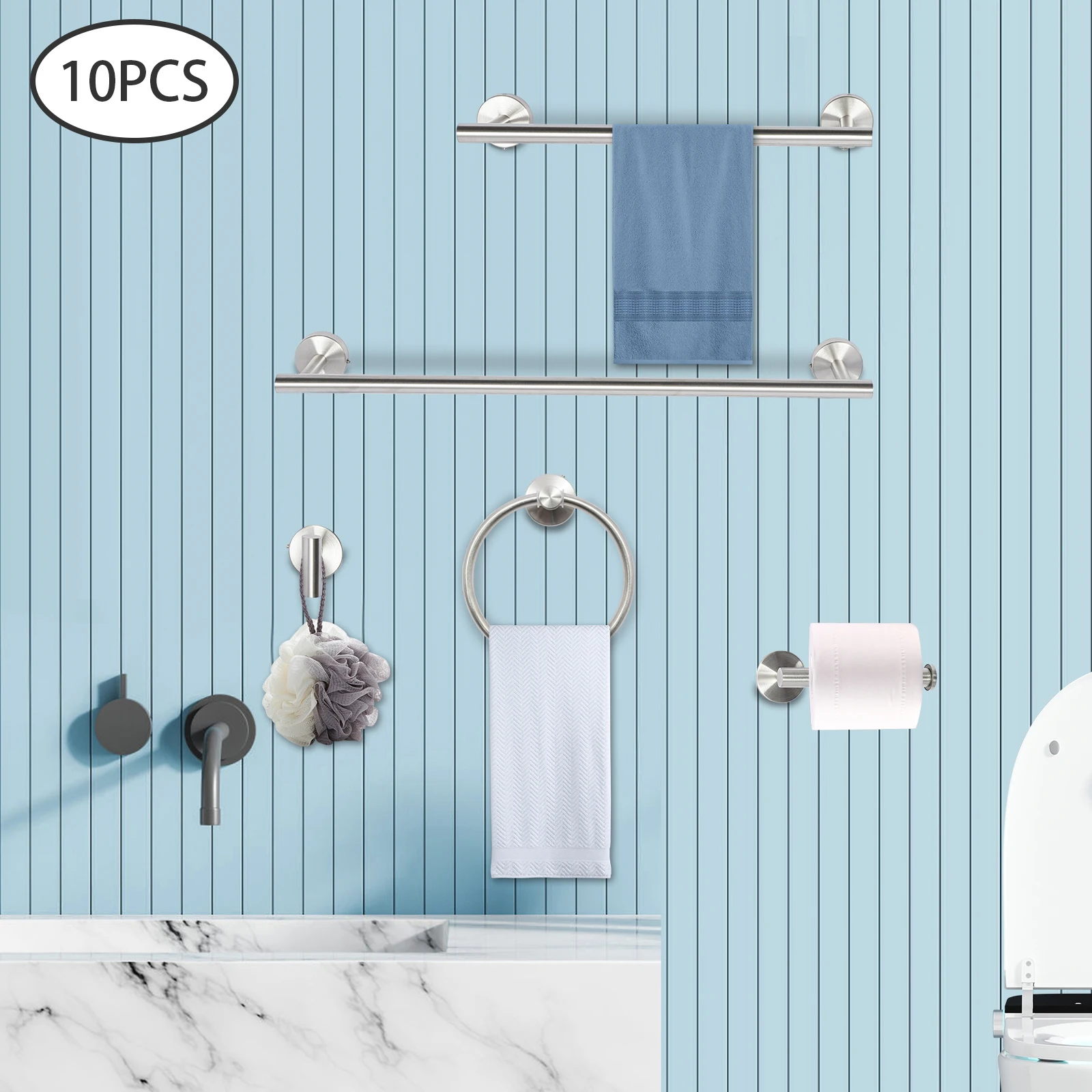 10 Piece Bathroom Hardware Set Bathroom Stainless Steel Accessory Set Towel Racks for Bathroom Silver