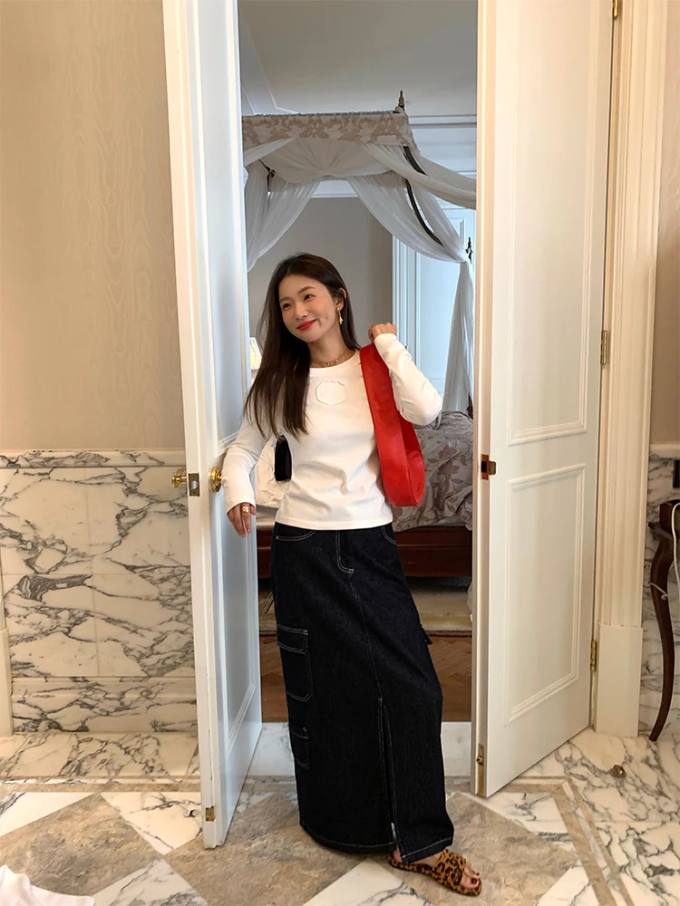 Long Sve Women's T-irt White Base Layer irt Autumn Winter Inner Wear Casual Sle Creative Pattern Cotton Blend Fabric