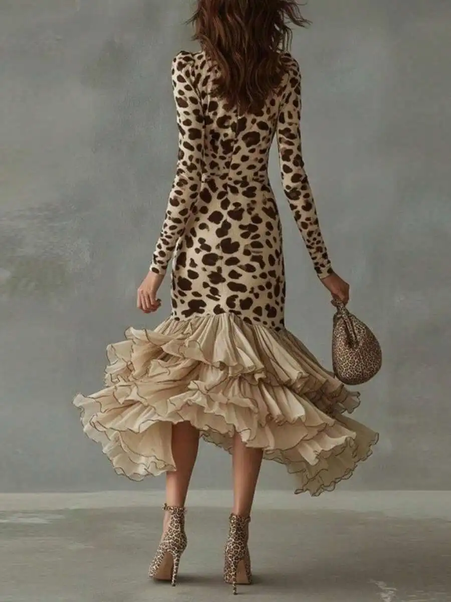 

Womens Leopard Print Long Sleeve Ruffled Hem Dress
